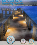 Low Voltage LED Deck Lights 5CCT 12-24V AC DC illuminating a foggy wooden pier with IP65 aluminum step lighting.