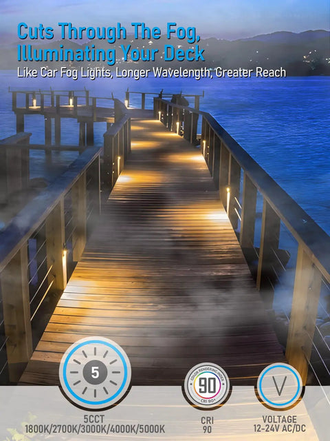 Low Voltage LED Deck Lights 5CCT 12-24V AC DC illuminating a foggy wooden pier with IP65 aluminum step lighting.