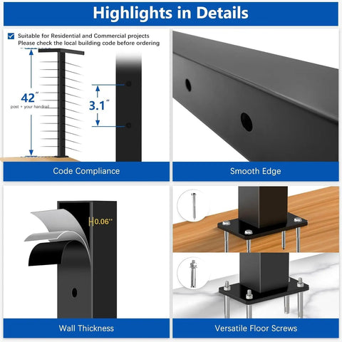 Highlights of Built Tough 42 Inch Modular Cable Railing Corner Post For Deck And Porch Projects featuring T304 stainless steel core.