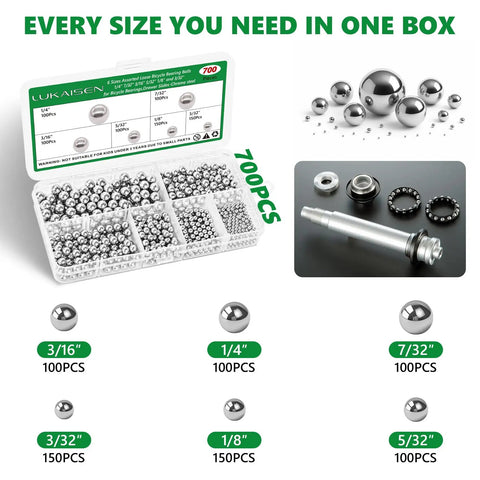 700 Piece Chrome Steel Bearing Balls Set G25 High Precision Imperial Sizes 1/4 7/32 3/16 5/32 1/8 3/32 in case