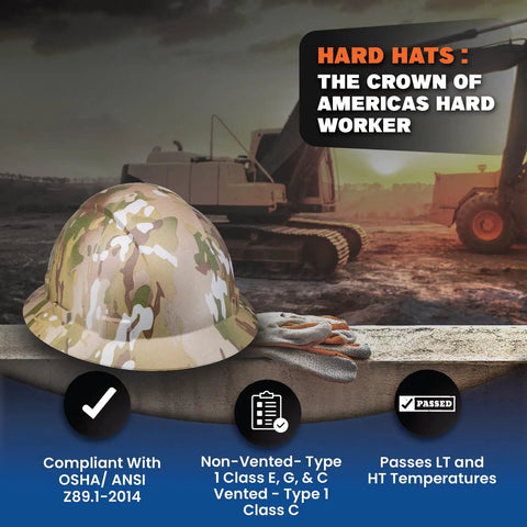 Full Brim Non Vented Army Camo OSHA Hard Hat With 6 Point Suspension Matte Finish HDPE Construction Helmet in job site.