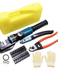 Beefy 10 Ton Hydraulic Crimping Tool With Eight Dies, wire cutter, gloves, and yellow case for DIY railings and cables