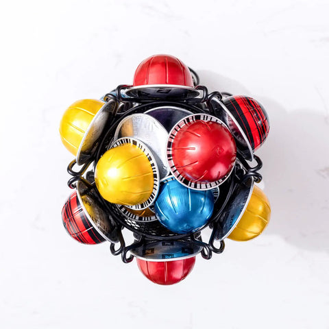 Top view of Nespresso Vertuo Pod Holder Carousel Stand 360 Degree Spinning Coffee Capsule Organizer displaying colorful pods.