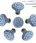 Slick Light Blue Ceramic Cabinet Knobs Six Pack For Kitchen Drawers And Cupboards Dreamy Matte Finish, detailed floral design.