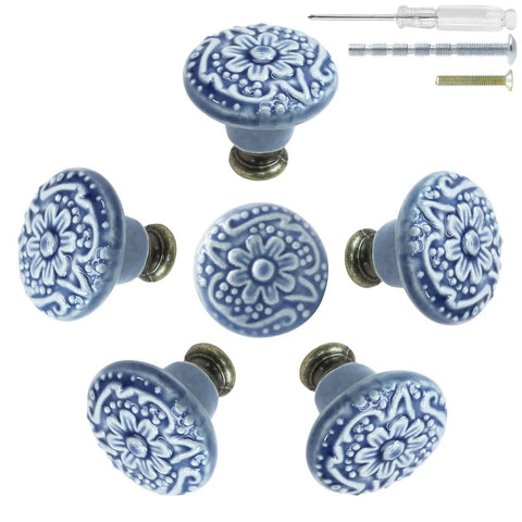 Slick Light Blue Ceramic Cabinet Knobs Six Pack For Kitchen Drawers And Cupboards Dreamy Matte Finish, detailed floral design.