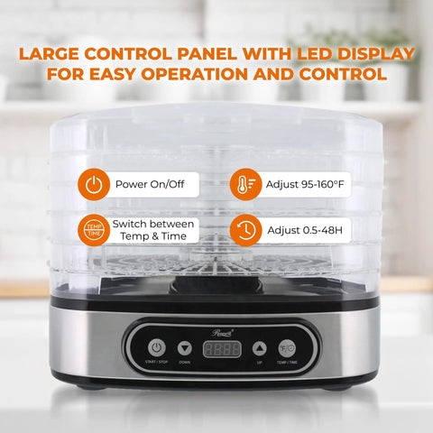 Large control panel of Heavy Duty 5 Tier Food Dehydrator Machine With 48 Hour Delay Timer, featuring LED display for easy operation.