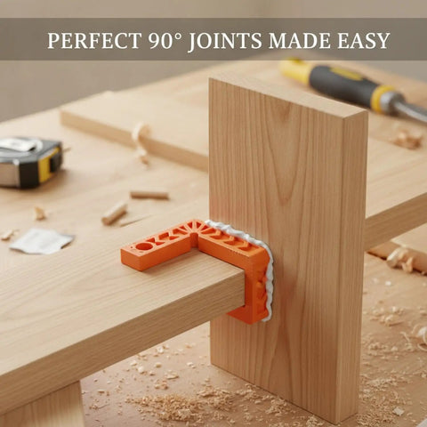 Dead Straight 90 Degree Woodworking Jig For Square Corner Assembly positioning two wooden boards with thick orange plastic.