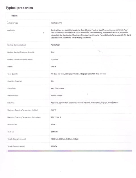 Specification sheet showing typical properties of VHB 5952 Double Sided Foam Adhesive Sheet Tape 100x200mm 4x8 Inches Industrial Grade.