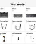 What you get with All Weather Off Grid Solar Generator: Apex 300, B300K, cables, grounding screw, manual.