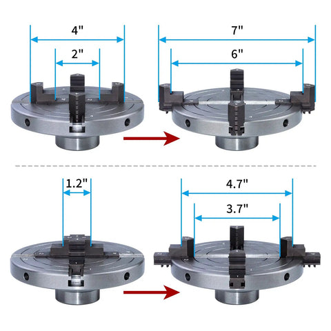 Six Inch Wood Lathe Chuck Set One Inch By Eight Tpi Self Centering Four Jaw Wood Turning Chuck With Reversible Jaws Measurements