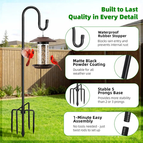62 Inch Outdoor Shepherds Hook With 5 Prong Base, Adjustable Height Bird Feeder Pole For Hummingbird Feeder, Bird Feeder, Lanterns