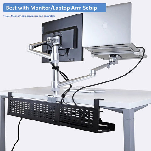 Under Desk Cable Management Tray Kit With Horizontal Design Extends Up To 41 Inches No Drill C Clamp Mount with monitor setup