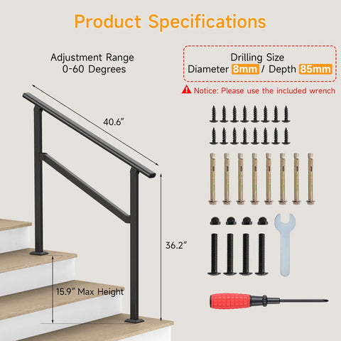 Built Solid As A Rock Wrought Iron Handrail For Outdoor Steps, 40.6 inches, 8mm diameter for easy DIY installation.