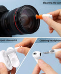 Using All In One Keyboard Cleaning Kit for camera lens, AirPods, and earbuds with flocking sponge and lens pen.