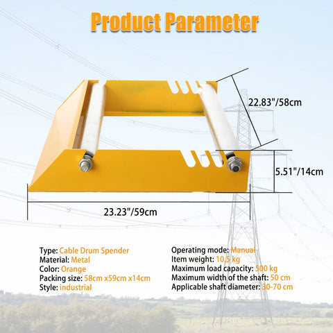 Rock Solid Heavy Duty Cable Drum Roller Stand Smooth Rolling Wire Reel Dispenser visible with orange metal, dimensions 59cm x 58cm.