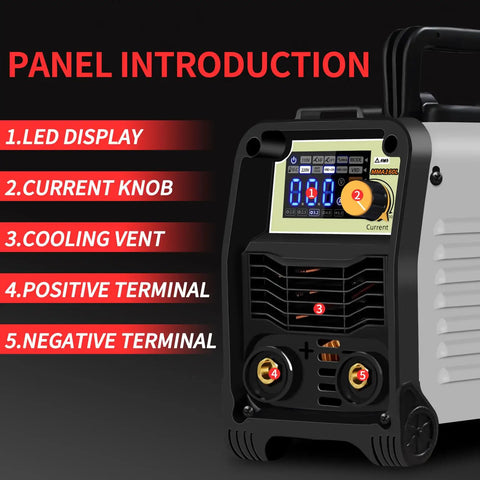 Front panel of 110/220V MMA Arc Welder 160A Stick Welder with LED display, current knob, and connectors