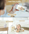 Indoor Security Cam With 360 Pan Tilt, 1080P HD WiFi Surveillance showing two-way audio interaction with child and pets.