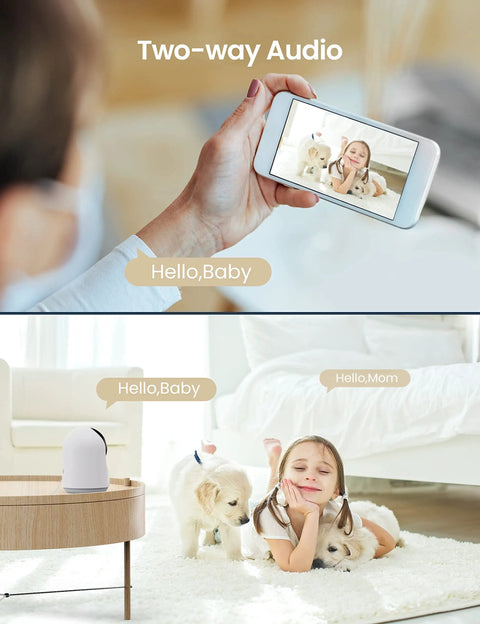 Indoor Security Cam With 360 Pan Tilt, 1080P HD WiFi Surveillance showing two-way audio interaction with child and pets.