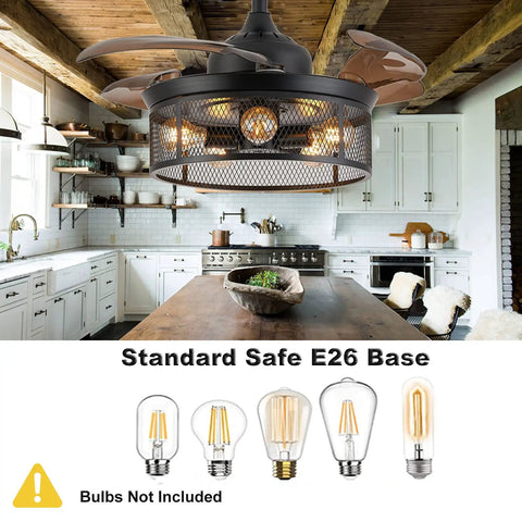 36 Inch Caged Ceiling Fan With Remote Control And Chandelier Light Kit over kitchen area, bulbs not included