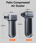 Two models of palm compressed air dusters with sizes displayed, showing compact design.
