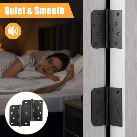 Image of Six Pack Self Closing Door Hinges 4 Inch Black Ball Bearing Matte Black Spring Loaded Hinges installed on bedroom door.
