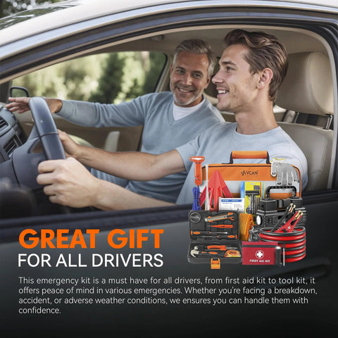 Automotive emergency kit with orange carrying case, portable air compressor, jumper cables, and first aid kit