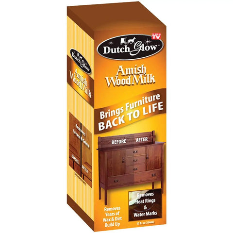 Packaging of Amish Wood Milk Cleanser And Polish For Painted Surfaces, Wood Floors, And Furniture, 12 oz, showing before and after effects.