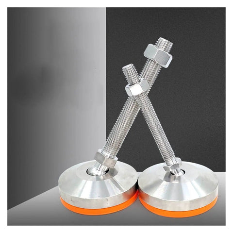 Rock Solid Adjustable Leveling Feet Featuring Straight Up Heavy Duty 304 Stainless Steel Universal Cup Mounts Built Tough For Shop Benches And Cabinets Kills Vibration On Uneven Floors Quick Grip M20 X 100mm Base, showcasing stainless steel foot with rubber base.