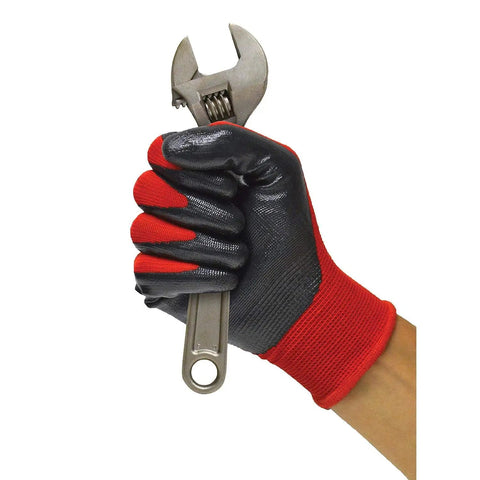 Nitrile Coated Work Gloves for Mechanics and DIY Tasks 15 Pairs Size Large Oil and Grease Resistant, holding wrench