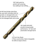 Close-up of a 5-Piece M35 Cobalt HSS Left Hand Drill Bit with 1/4 Inch Hex Shank, showcasing features and design details.