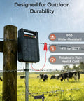 Portable Solar Powered Fence Energizer delivers 0.20J output and 8kV for up to 10 miles, mounted on outdoor fence in rain.