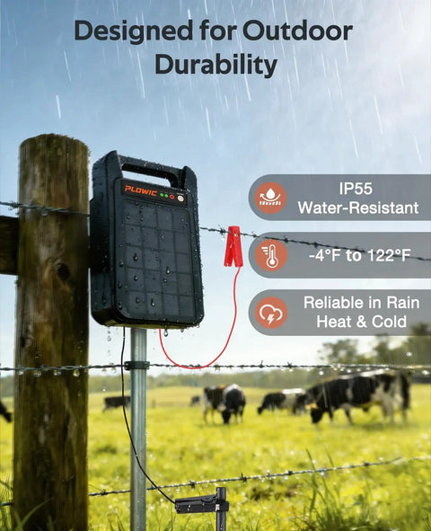 Portable Solar Powered Fence Energizer delivers 0.20J output and 8kV for up to 10 miles, mounted on outdoor fence in rain.