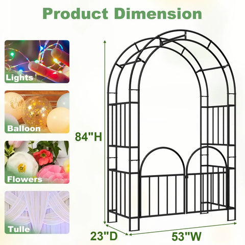 7ft Metal Garden Arbor With Gate Two In One Trellis For Climbing Plants Wide Sturdy Outdoor Arch Pathway Entrance Perfect For Weddings Halloween And Christmas Decor With Built In Latch To Keep Pets Safe, dimensions 84H 53W 23D