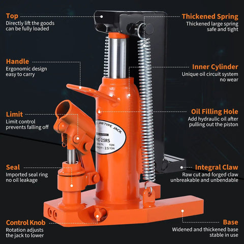 Heavy Duty 5 Ton Hydraulic Toe Jack Dual Stage Lift For Industrial Lathes And Milling Machines Ultra Low Profile Claw Design with detailed parts.