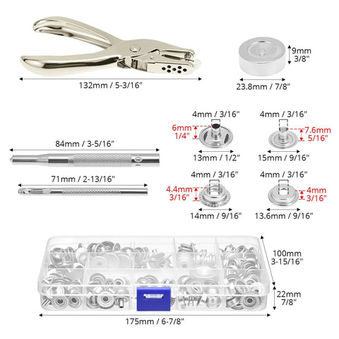 Stainless Steel Snap Fastener Kit, 200 Pieces With 15mm Snap Caps, Includes Hole Punch Pliers And Setting Tools For Canvas Tarps And Garments, All In One Diy Fastening Set For Repairs And Projects. Illustrated components include pliers and fasteners.