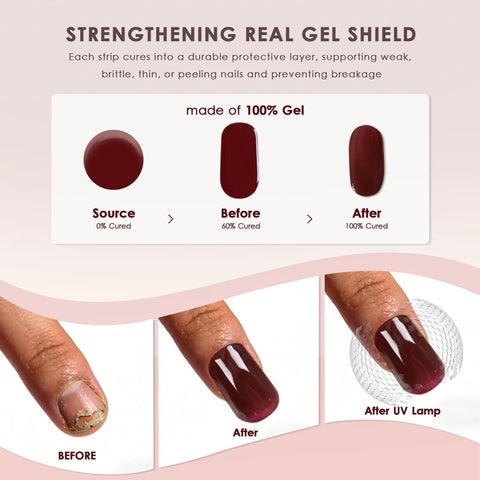 Semi Cured Gel Nail Strips Real Gel Nail Polish UV Wraps For Brittle Nails before and after application demonstration.