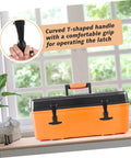 Stainless Steel T Handle Latches With Rubber Grip on orange tool box, shown with close-up of curved T-shaped handle