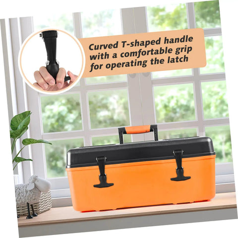 Stainless Steel T Handle Latches With Rubber Grip on orange tool box, shown with close-up of curved T-shaped handle