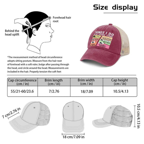 Size chart and measurement guide for Funny Spare Time RV Camper Trucker Hat For Men With Adjustable Fit, Deep Rose color.