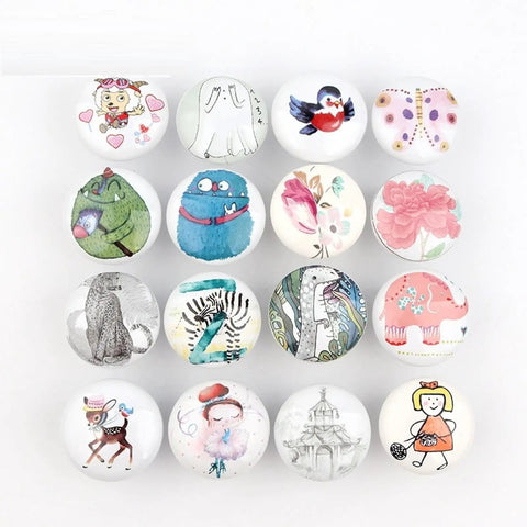 Cute Cartoon Ceramic Drawer Knobs With Sturdy Zinc Alloy Core, 38mm wide, for kids' dressers or cabinets, four pack.