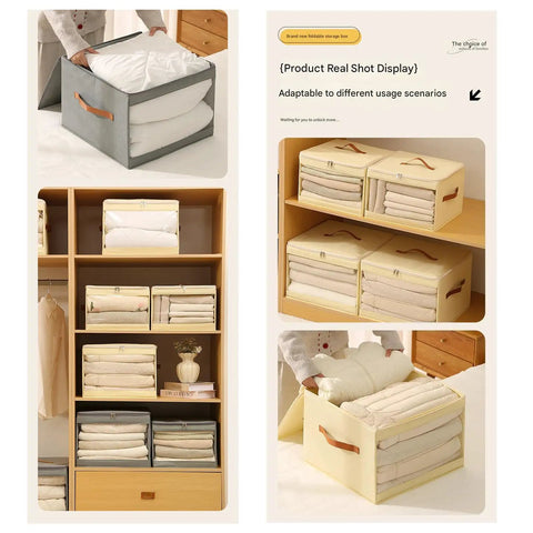 Heavy Duty Extra Large Storage Bins Foldable Moisture Resistant Moving Bags With Clear Window Space Saving Stacker For Damp Spaces And Tight Units in use, holding folded blankets.