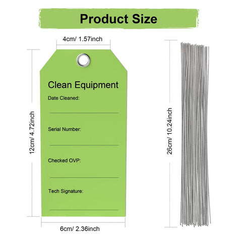 Green Clean Equipment Tags With Wire 500 Pack 2 5 16 By 4 3 4 Inch For Medical And Electrical Equipment Quick Easy Inspection And Maintenance Bright Durable Tags To Mark Clean Versus Dirty, size diagram