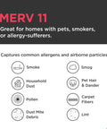 Infographic showing allergen types captured by PureAir MERV 11 Pleated Air Filter for HVAC and Furnace Replacement.