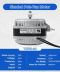 Front view of 120V Shaded Pole Condenser Fan Motor for refrigeration equipment evaporators, 1550 RPM, 0.8A, 10W output.