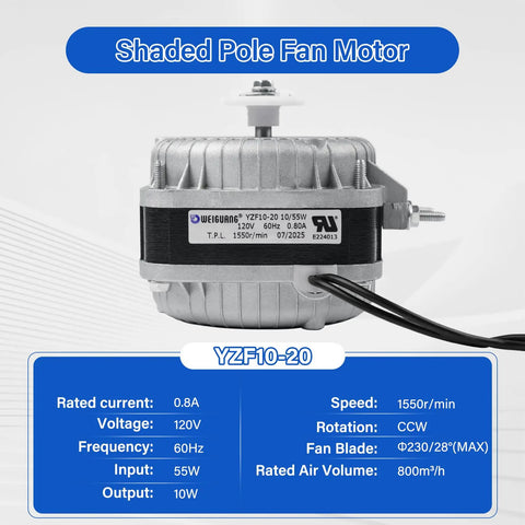 Front view of 120V Shaded Pole Condenser Fan Motor for refrigeration equipment evaporators, 1550 RPM, 0.8A, 10W output.