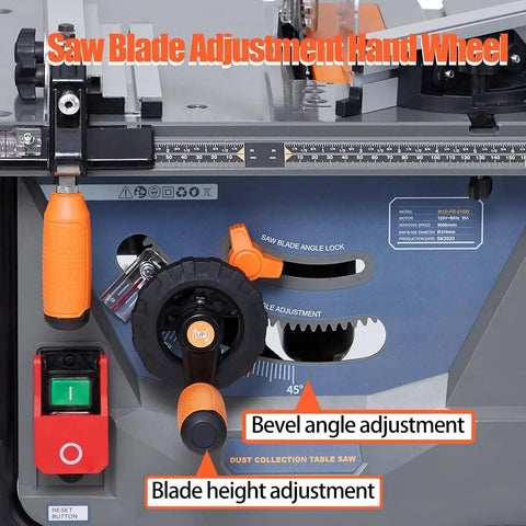 Detailed view of the saw blade adjustment hand wheel on the 8.5 Inch Dust Free Table Saw With Beast Mode Motor.