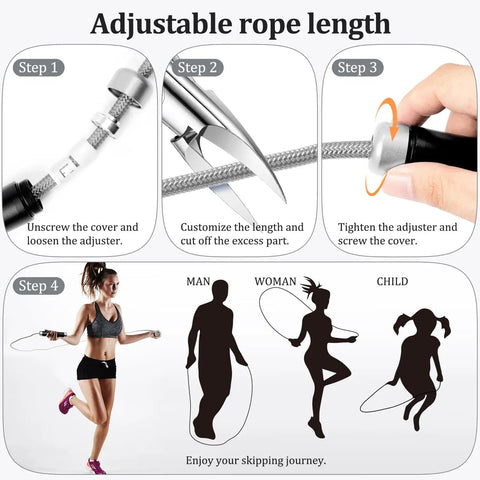 Illustration showing adjustable rope length steps for Weighted Jump Rope With Ball Bearing System 1 Lb Tangle Free Rapid Speed Rope.