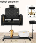 Pro Grade Hydraulic Pedicure Station For Nail Techs With Roomy Removable Foot Tub Featuring Triple Vibration Soaking Modes For Zero Hassle Plug And Play Setup Without Any Plumbing Required In Sleek Black Finish, showing dimensions and ergonomic design.