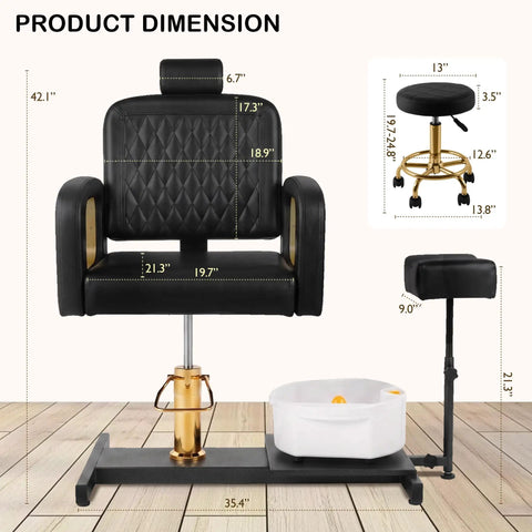 Pro Grade Hydraulic Pedicure Station For Nail Techs With Roomy Removable Foot Tub Featuring Triple Vibration Soaking Modes For Zero Hassle Plug And Play Setup Without Any Plumbing Required In Sleek Black Finish, showing dimensions and ergonomic design.