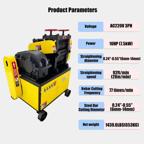 Heavy Duty Rebar Straightening And Cutting Machine for job sites, 28 m/min speed, handles 6 mm to 14 mm rebar, AC220V 3-phase.